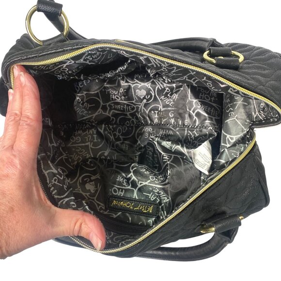 Betsey Johnson Quilted Black Lips Faux Leather Satchel Bag & Pom Poms Love Coll - Picture 8 of 14